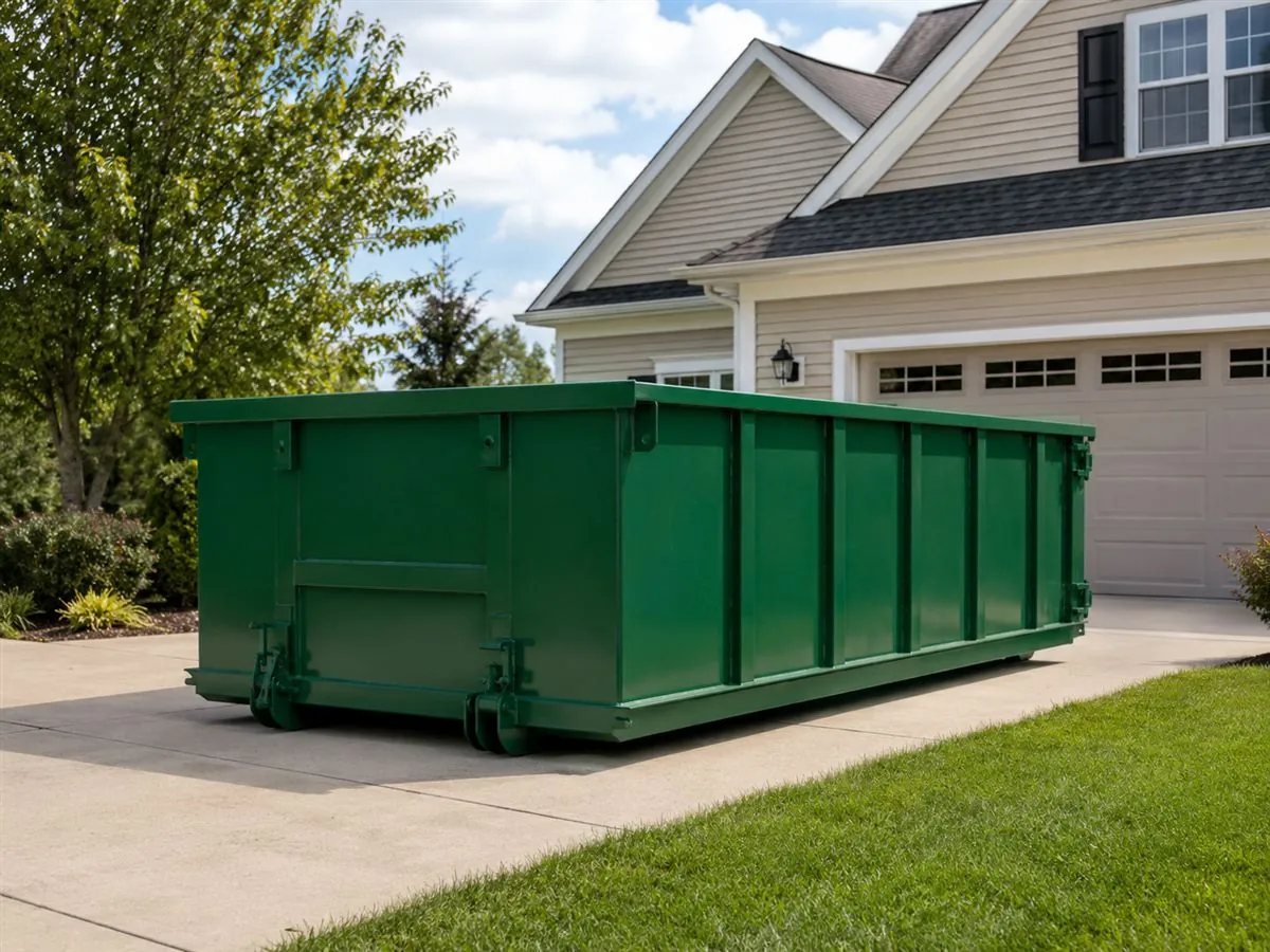Empty roll-off dumpster parked on a residential concrete driveway